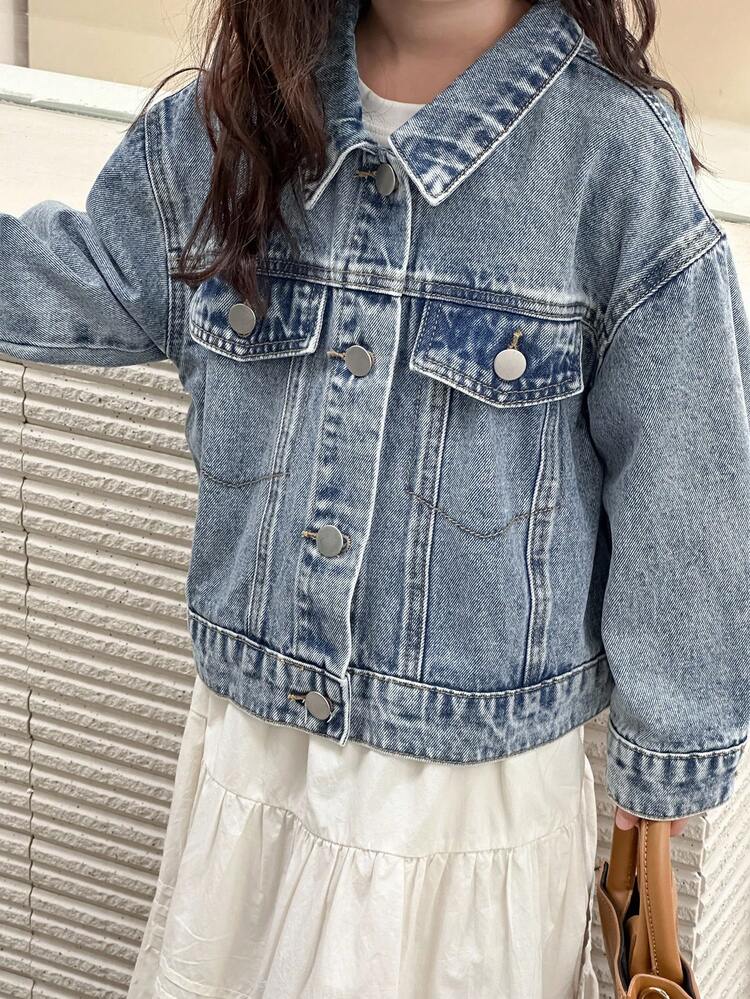 Young Girls' Solid Color Long Sleeve Denim Jacket Fall,Winter