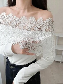 FRIFUL 女式白色拼布透明蕾丝面料纹理露肩休闲百搭 T 恤，适合秋季外出