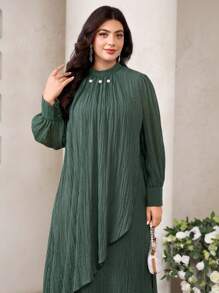 Veilorie Vestido holgado y elegante de manga larga con mangas largas y bajo de unicolor con perlas falsas para mujer de talla grande - Verde Oliva - Ver 1