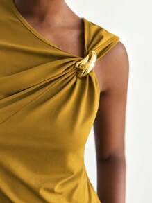 Maija Women's Summer Solid Color Asymmetric Ruched Metal Decor Tank Top - Mustard Yellow - View 2