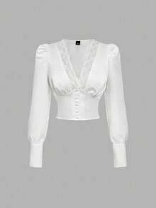 SHEIN MOD Blusa elegante de mujer con parches de encaje y mangas abullonadas de unicolor