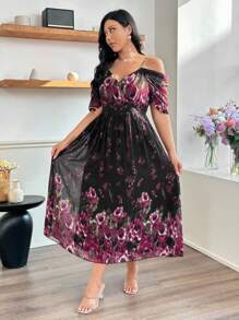 Modelyn Plus Size Women's Floral Print Chiffon Off-Shoulder Belted Maxi Dress - Black - View 3