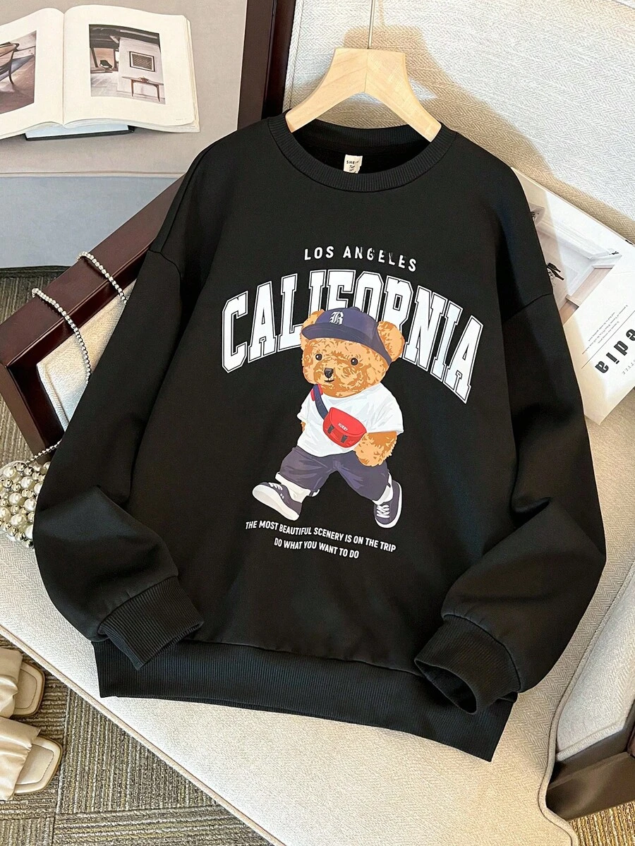 Teen Girls' Black Bear & Letter Graphic Loose Fit Crew Neck Sweatshirt Pullover - Black - View 1