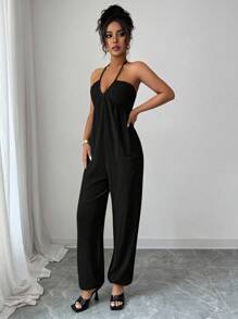 Selianne 女式无袖露背纯色细肩带连体裤，带口袋，夏季 - 黑色 - 查看 5