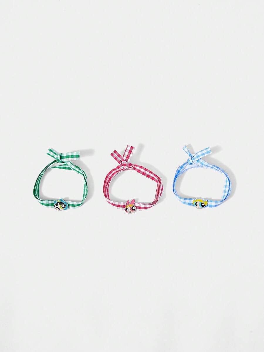 THE POWERPUFF GIRLS X SHEIN Vòng tay kẻ caro họa tiết hoa, bong bóng, mao lương - Bạc - Xem 1