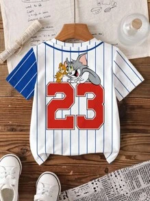 TOM & JERRY X SHEIN 男童休闲卡通条纹数字印花短袖T恤，藏青色英文字母图案，舒适夏日