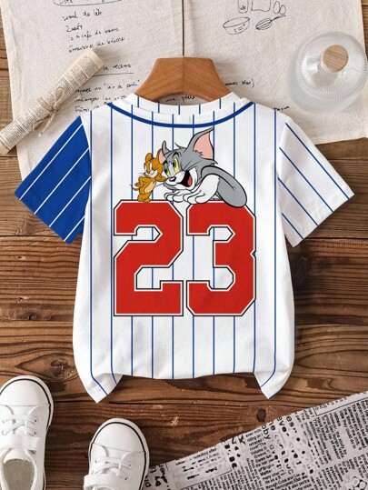 TOM & JERRY X SHEIN 男童休闲卡通条纹数字印花短袖T恤，藏青色英文字母图案，舒适夏日