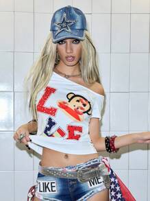 Paul Frank X ROMWE Áo thun nữ Y2K in hình lá cờ Mỹ LOVE, ôm sát vai không đối xứng - trắng - Xem 2