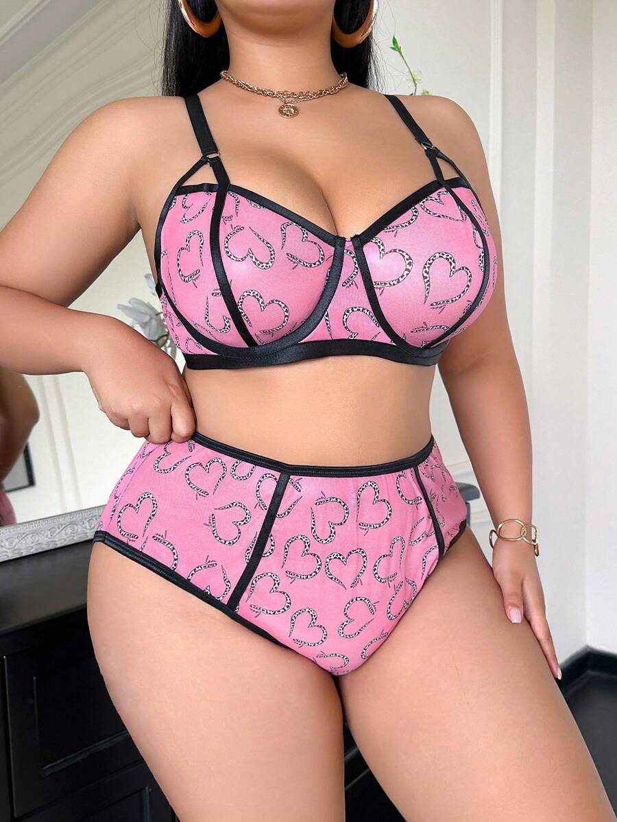 SHEIN 2件套心形印花网眼钢圈加大码文胸套装