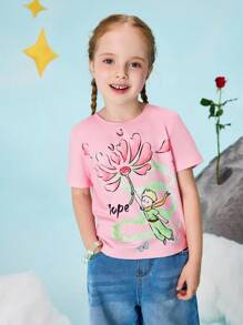 LE PETIT PRINCE X SHEIN 年轻女孩卡通图案可爱圆领短袖T恤 - 彩色 - 查看 4