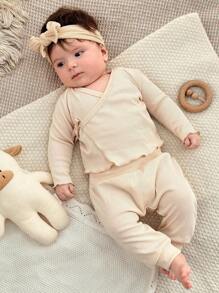 SHEIN 6pcs Newborn Solid Color Long Sleeve Top And Pants Set, Fashionable For Summer Fall Winter
