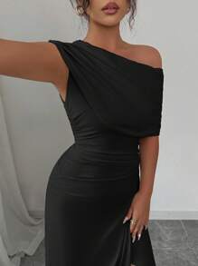 Elenzga Women's Elegant Fashion Commuter Casual Comfortable Charming Resort Gentle Lady Minimalist High-End Holiday Sleeveless Oblique Shoulder Gathered Waist Bodycon Side Slit Solid Color Maxi Dress