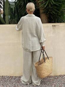 Livesso Bộ 2 món đồ mặc nhà kiểu vải lanh rộng rãi, thoải mái dành cho nữ, thích hợp cho mùa thu. - Màu Khaki - Xem 2