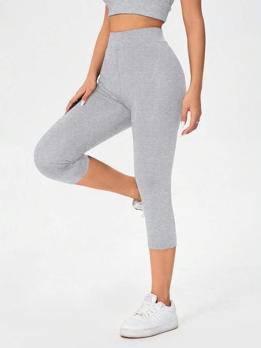 SHEIN Essnce Women's Solid Color High Waist Tight Fitting Capri Leggings, Casual & Versatile, Summer Fall Clothes Women's Sportswear - Light Grey - View 1