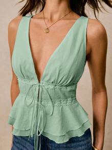 Poéselle Áo cánh không tay cổ chữ V sâu thắt nút đơn giản cho nữ - Màu xanh Bạc hà - Xem 6