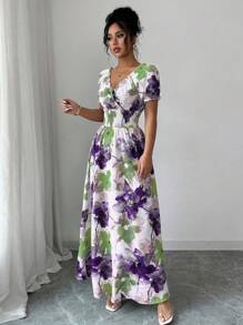 Elenzga Vestido largo con cuello en V y manga corta con estampado floral colorido para mujer