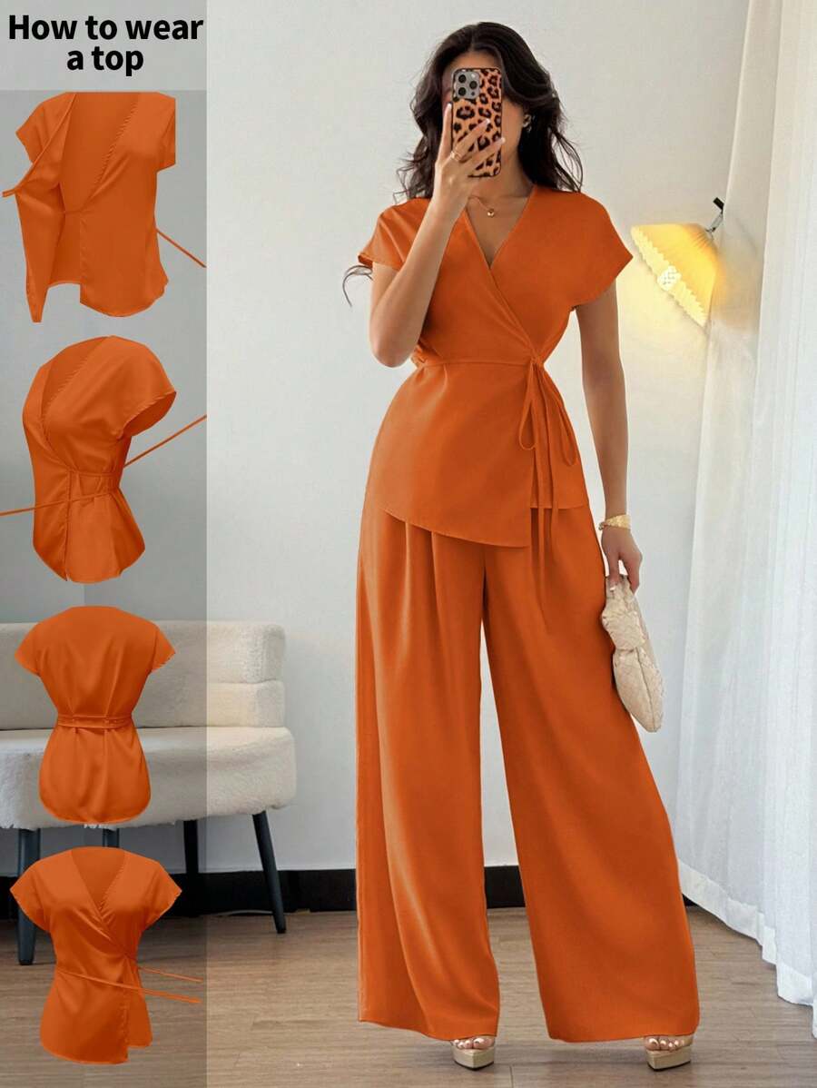 Elenzga Bộ 2 món áo cánh dơi tay ngắn boho thanh lịch dành cho nữ + quần ống rộng dáng rộng cho chuyến đi chơi mùa hè, hẹn hò, nghỉ dưỡng, màu mơ - trái cam - Xem 1