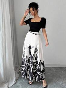 Elenzga 女士优雅合身收腰旗袍连衣裙，短袖，方领，腰带设计，新颖中式花卉印花 - 杏色 - 查看 6