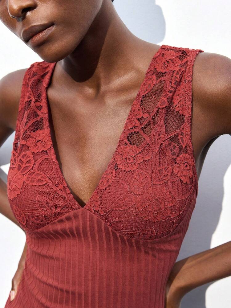 SHEIN Maija Women's Elegant Solid Color Lace Patchwork Tank Top Summer Crop Tops Cute Tops Going Out Tops Women Office Sexy Top Birthday Club Sexy Christmas Top