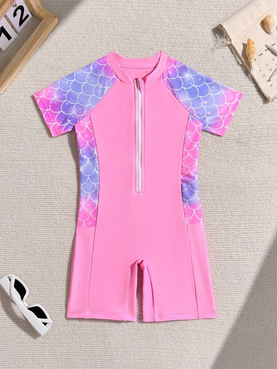SHEIN 女童圆领半拉链短袖插肩袖连体泳衣,夏季 - 淺粉色 - 查看 1