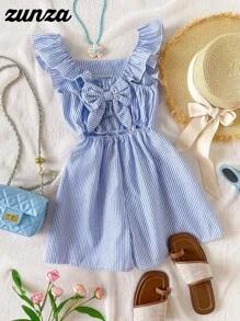 Girls' Ruffled Backless Bowknot Striped Romper, Casual Summer Vacation Beach Outfit - Blue - View 7