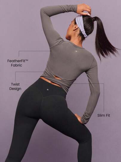 FeatherFit™ Twist And Flow Crewneck Twisted Back Thumbholes Built-In Bra Long-Sleeve Top Low-Impact Yoga Pilates Barre Gym Studio Daily Casual Wear