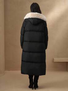 DAZY Women's Faux Fur Collar Hooded Long Sleeve Padded Coat, Autumn/Winter - Black - View 4
