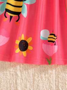 SHEIN 女宝宝可爱蜜蜂动物元素无袖连衣裙，春夏时尚新款 - 玫紅色 - 查看 5