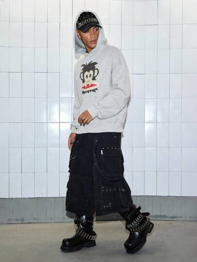 Paul Frank X ROMWE Men's Cartoon Pattern Hoodie, Loose Cropped Fit, Streetwear