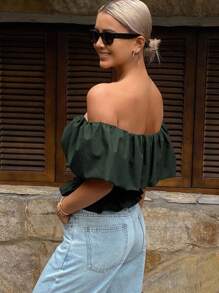 Livesso Blusa corta elegante sin tirantes y hombros descubiertos de unicolor para mujer, ideal para salir en verano - Verde Oscuro - Ver 2