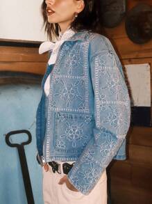 Easelle 女士休闲花卉刺绣牛仔夹克，适合春秋季 - 藍色 - 查看 10