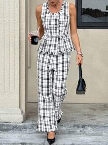 Siren Gaze Women's Business/Work Commute Plaid Tweed Trousers White White Casual Check - White - View 4