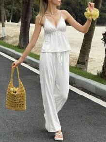 INAWLY Women's Romantic Summer Casual Vacation White Cami Jumpsuit, Sexy Backless Design, Textured Fabric - Multicolor - View 5