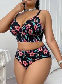 SHEIN 2件大码蕾丝拼接豹纹无钢圈文胸套装 - 彩色 - 查看 4