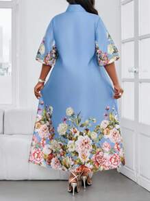 SHEIN Lady CURVE 春夏优雅通勤办公休闲波西米亚风休闲外出蓝色印花编织缎面V领舞会礼服主教袖A字连衣裙束腰连衣裙中长袖加大码连衣裙优雅女装优雅服装女士夏季服装女士夏季连衣裙白色连衣裙优雅优雅白色连衣裙，女士正式连衣裙 - 藍色 - 查看 2