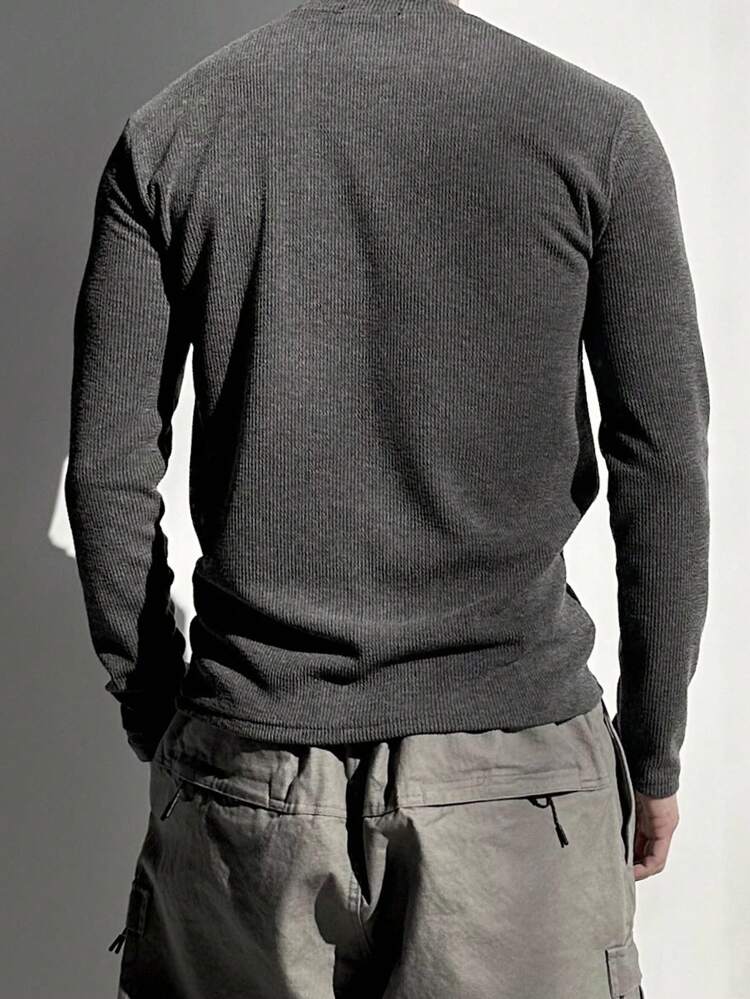 Men's Solid Gray Fitted Textured Fabric T-Shirt, Autumn Long Sleeve Men Shirt Men Casual Wear, Fall