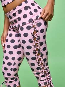 SUMWON WOMEN Leggings capri con cordones laterales de estilo retro, cintura alta con estampado de lunares, ajuste ceñido, ropa de calle, ropa de fiesta, pantalones de fiesta, ropa de noche, moda de declaración