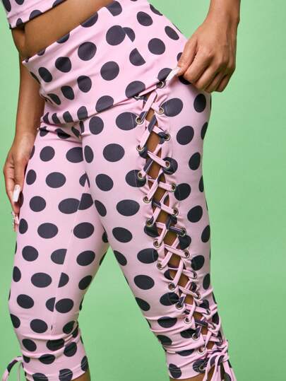 SUMWON WOMEN Retro Lace Up Side Capri Leggings High Rise Polka Dot Print Form Fitting Streetwear Club Festival Party Pants Evening Wear Statement Fashion