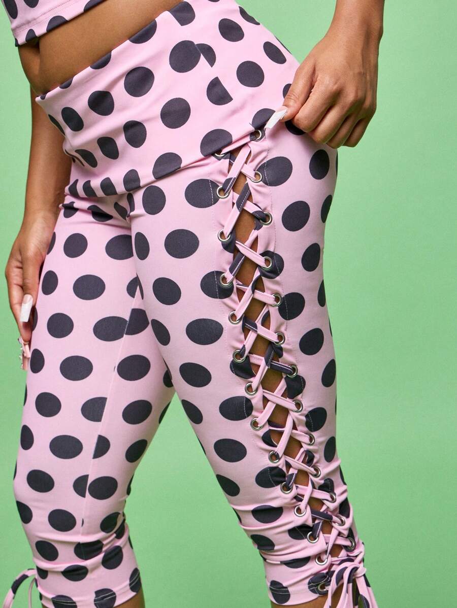 SUMWON WOMEN Leggings capri con cordones laterales de estilo retro, cintura alta con estampado de lunares, ajuste ceñido, ropa de calle, ropa de fiesta, pantalones de fiesta, ropa de noche, moda de declaración