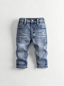 SHEIN Playful Pals Baby Boys Y2K Style Distressed Denim Jeans, Slim Fit Rolled Hem, Comfortable Stretch Fabric, Casual & Fashionable Baby Boy Jeans Fall Winter - Medium Wash - View 4