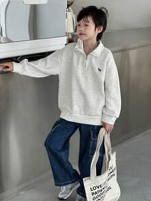 Dazy Kids 幼儿/青少年男童宽松休闲翻领抓绒卫衣，简约刺绣图案，秋冬款 - 灰色 - 查看 11