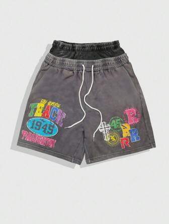 Street Life Men's Casual Letter Print Drawstring Waist Shorts, Summer