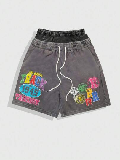 Street Life Men's Casual Letter Print Drawstring Waist Shorts, Summer