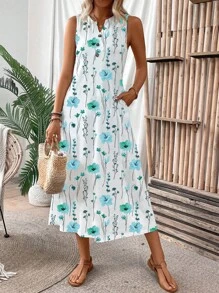 EMERY ROSE Váy Maxi dệt kim in họa tiết cổ chữ V không tay cho kỳ nghỉ thường ngày của phụ nữ - Nhiều màu - Xem 3