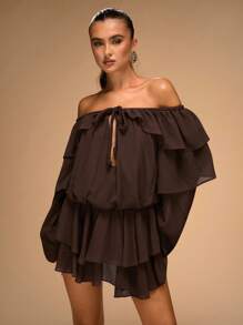 SHEIN BAE Women's Chocolate Solid Color Off-The-Shoulder Ruffle Hem Twist Long-Sleeved Dress Brown Boho Flowing Western Cowboy Girl, - Brown - View 5