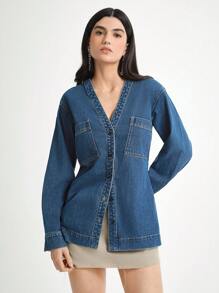 Daynim 女式休闲长袖开襟牛仔夹克 - 中等水洗藍 - 查看 1
