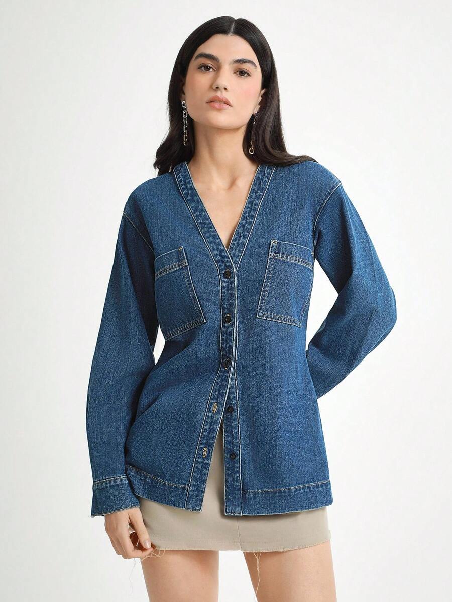 Daynim 女式休闲长袖开襟牛仔夹克 - 中等水洗藍 - 查看 1
