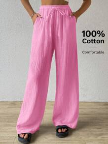 SHEIN EZwear Summer Solid Color Textured Crinkle Fabric Loose Drawstring Tie Waist Pure Cotton Casual Vacation Wide Leg Pants, Plus Size,Holiday Outfits For Women