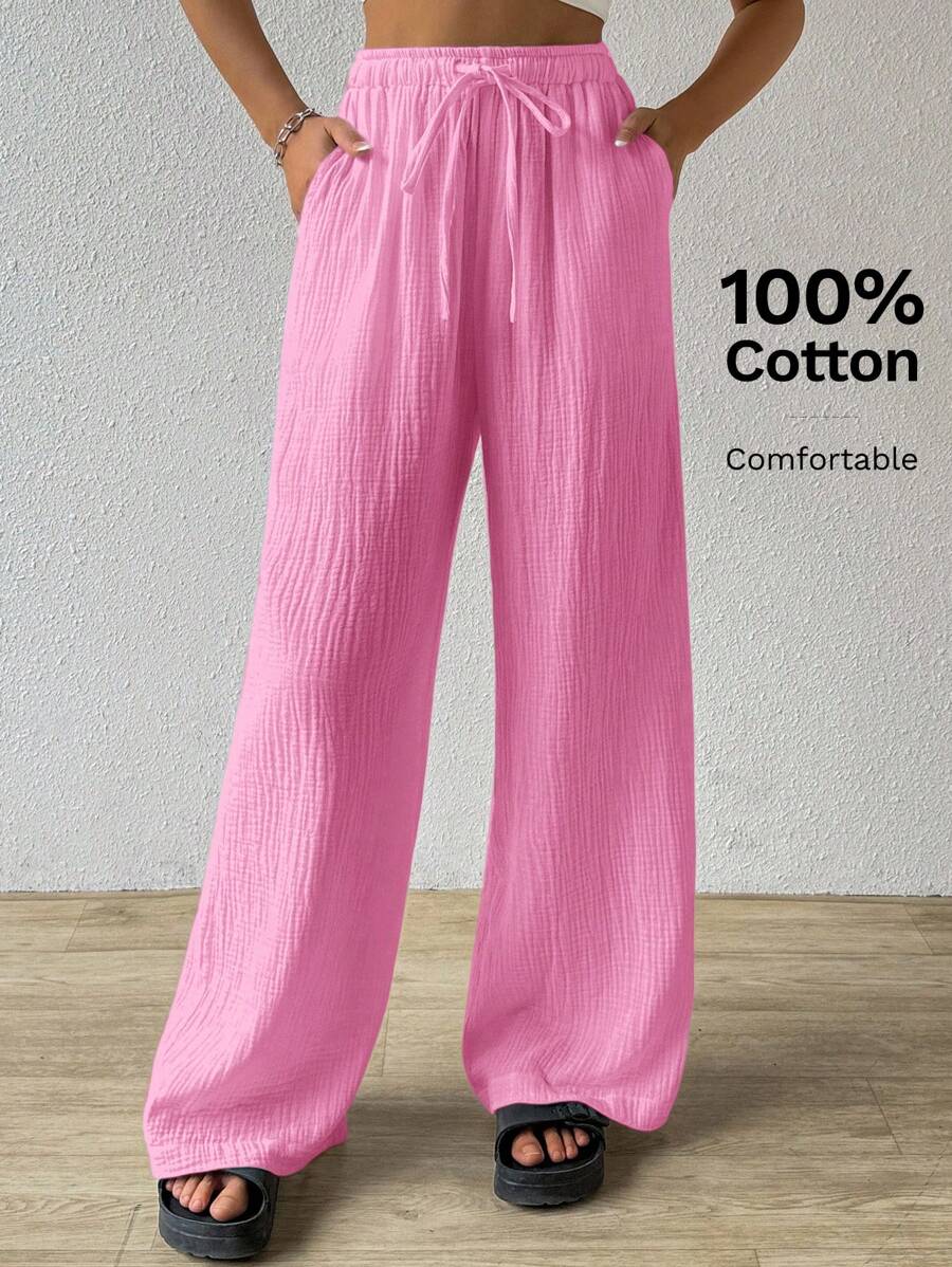 SHEIN EZwear Summer Solid Color Textured Crinkle Fabric Loose Drawstring Tie Waist Pure Cotton Casual Vacation Wide Leg Pants, Plus Size,Holiday Outfits For Women