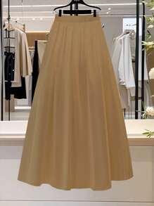 Franclia 女士纯色休闲通勤A字百褶裙，美拉德褶裥设计，适合春季大学校园穿着。 - 咖啡棕 - 查看 2